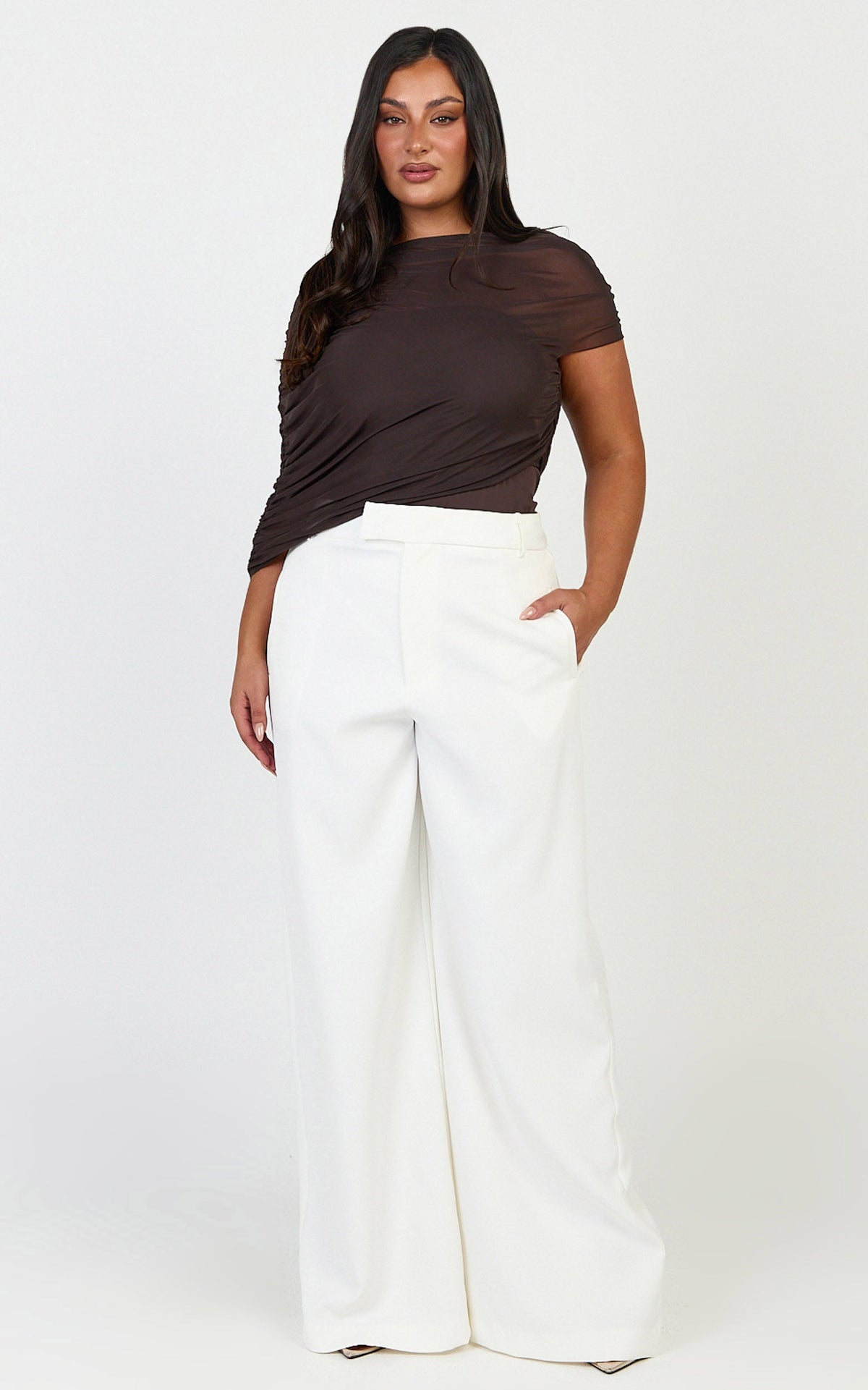 Sophia Top - Draped One Shoulder Mesh Overlay Top in Chocolate