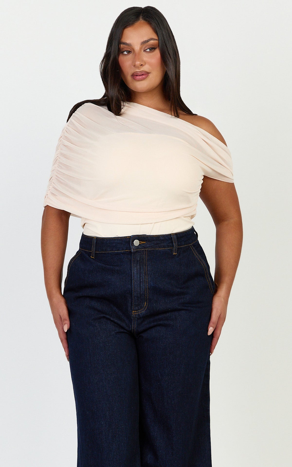 Sophia Top - Draped One Shoulder Mesh Overlay Top in Cream