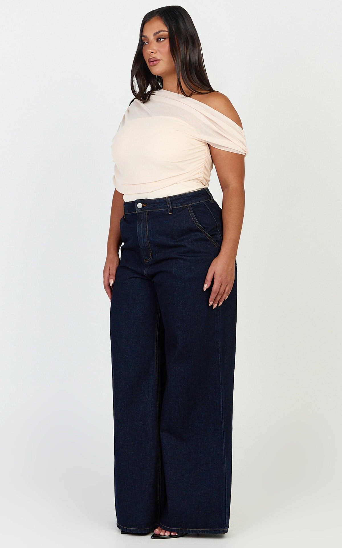 Sophia Top - Draped One Shoulder Mesh Overlay Top in Cream