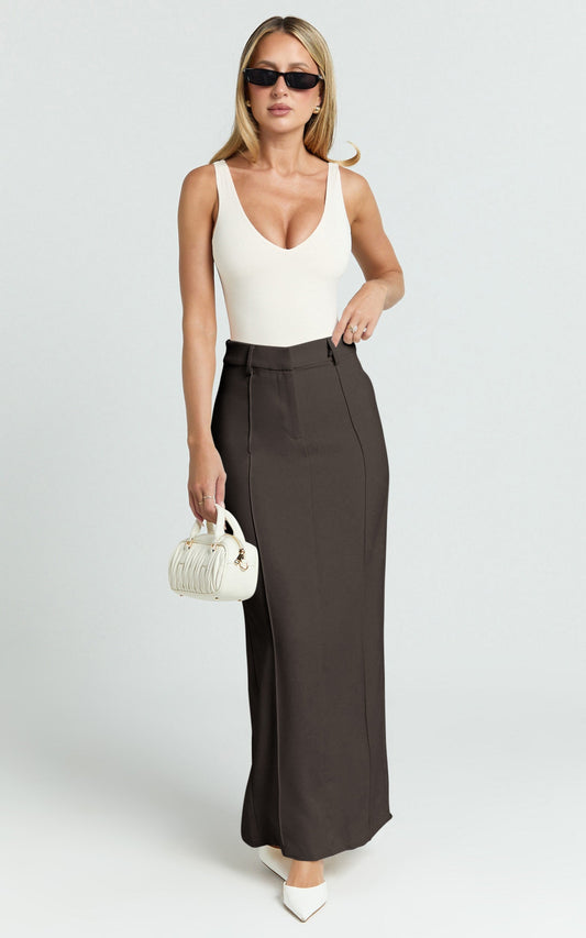 Stella Maxi Skirt - High Waisted Pencil Skirt in Chocolate