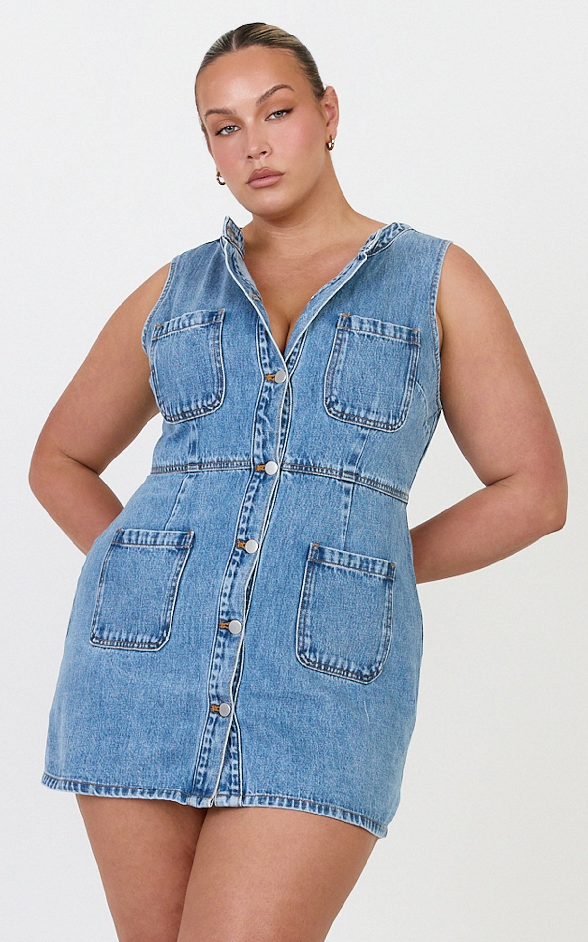 Stephanie Mini Dress - Scoop Neck Pocket Detail Recycled Denim Dress in Light Blue Wash