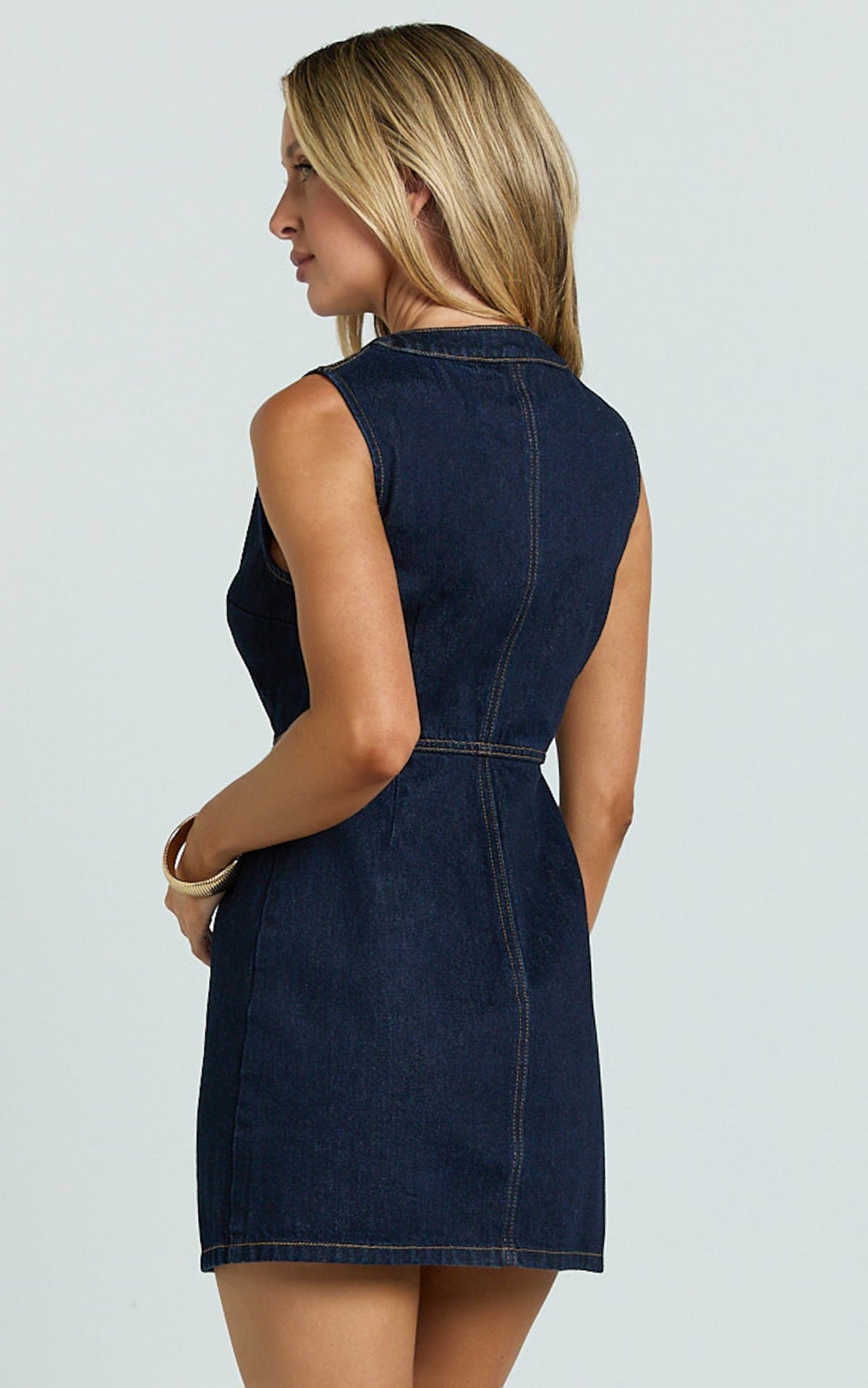 Stephanie Mini Dress Scoop Neck Recycled Denim Dress with Hardware in Raw Indigo