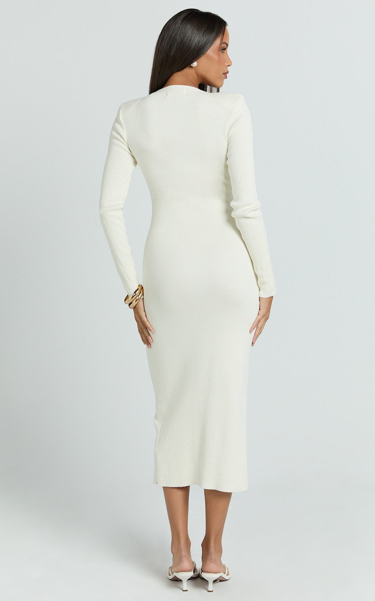 Susie Midi Dress - Pearl Button Down Long Sleeve Knit Dress in Ivory