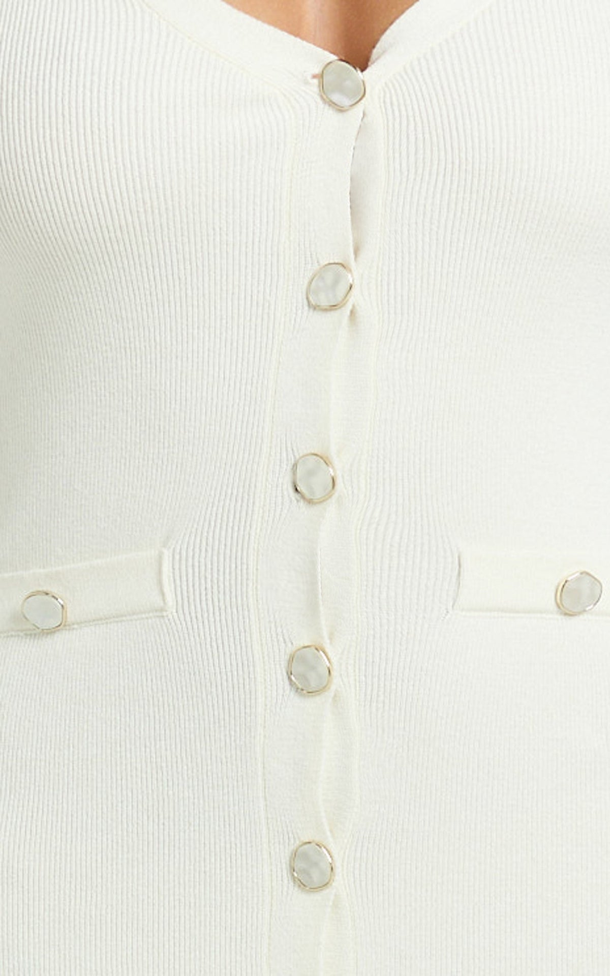 Susie Midi Dress - Pearl Button Down Long Sleeve Knit Dress in Ivory