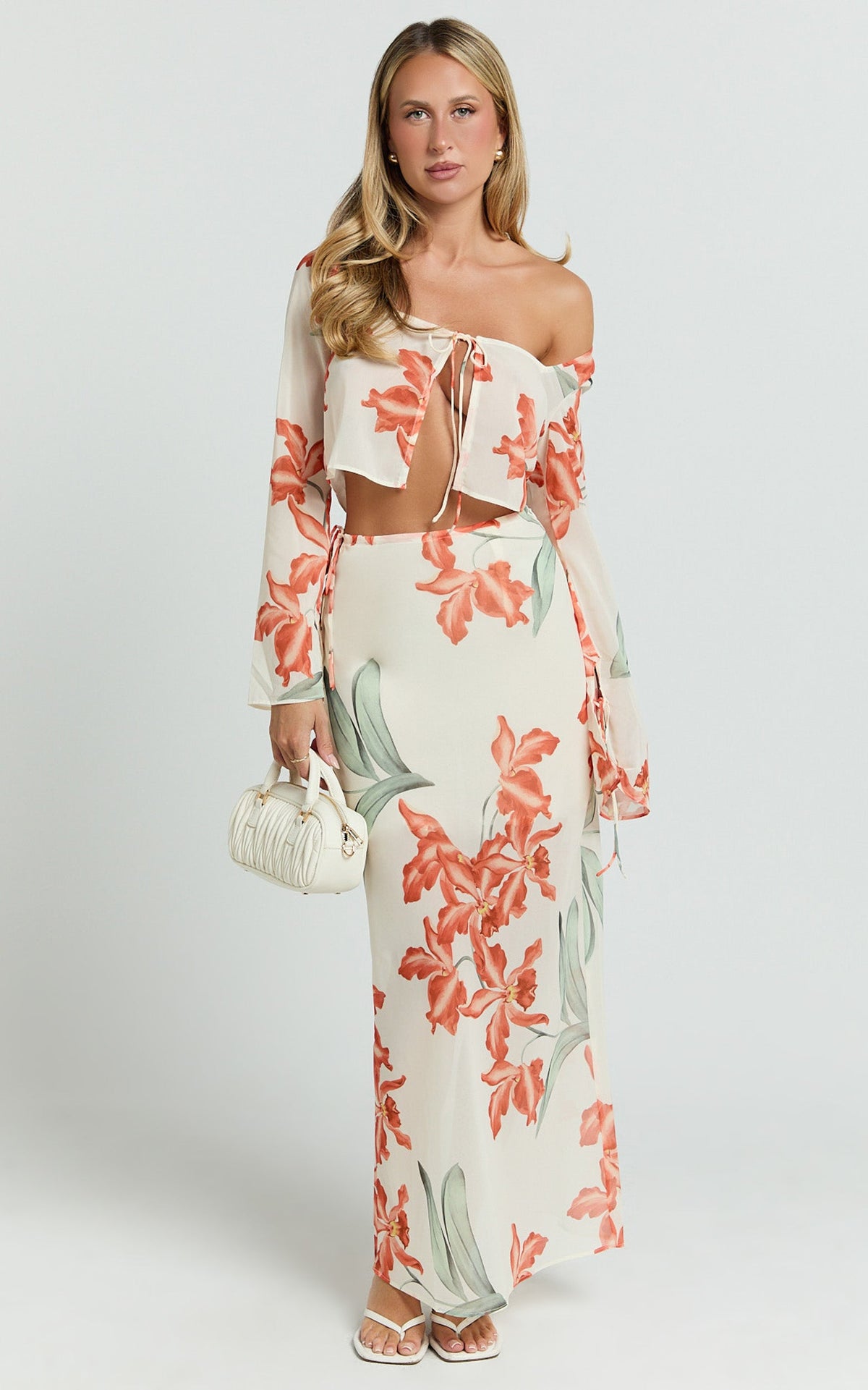 Sybil Two Piece Top and Skirt Set - Abstract Floral Tie Top and Maxi Skirt Set in Vintage Orchid