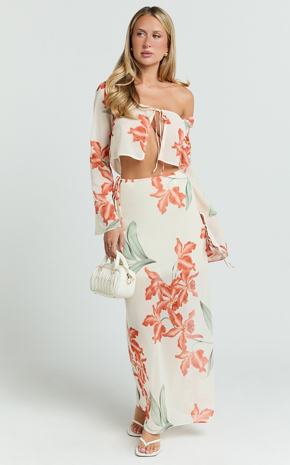 Sybil Two Piece Top and Skirt Set - Abstract Floral Tie Top and Maxi Skirt Set in Vintage Orchid