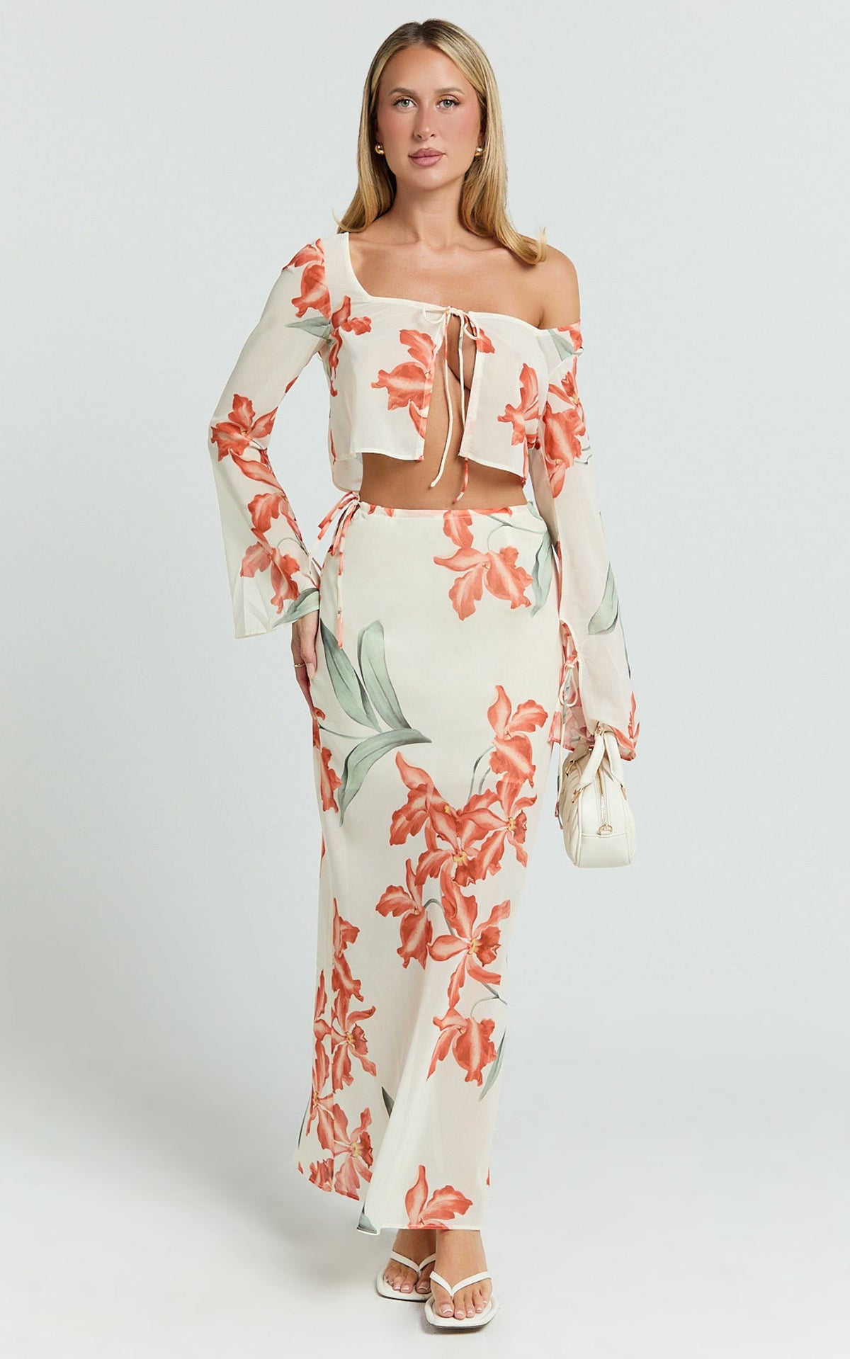 Sybil Two Piece Top and Skirt Set - Abstract Floral Tie Top and Maxi Skirt Set in Vintage Orchid