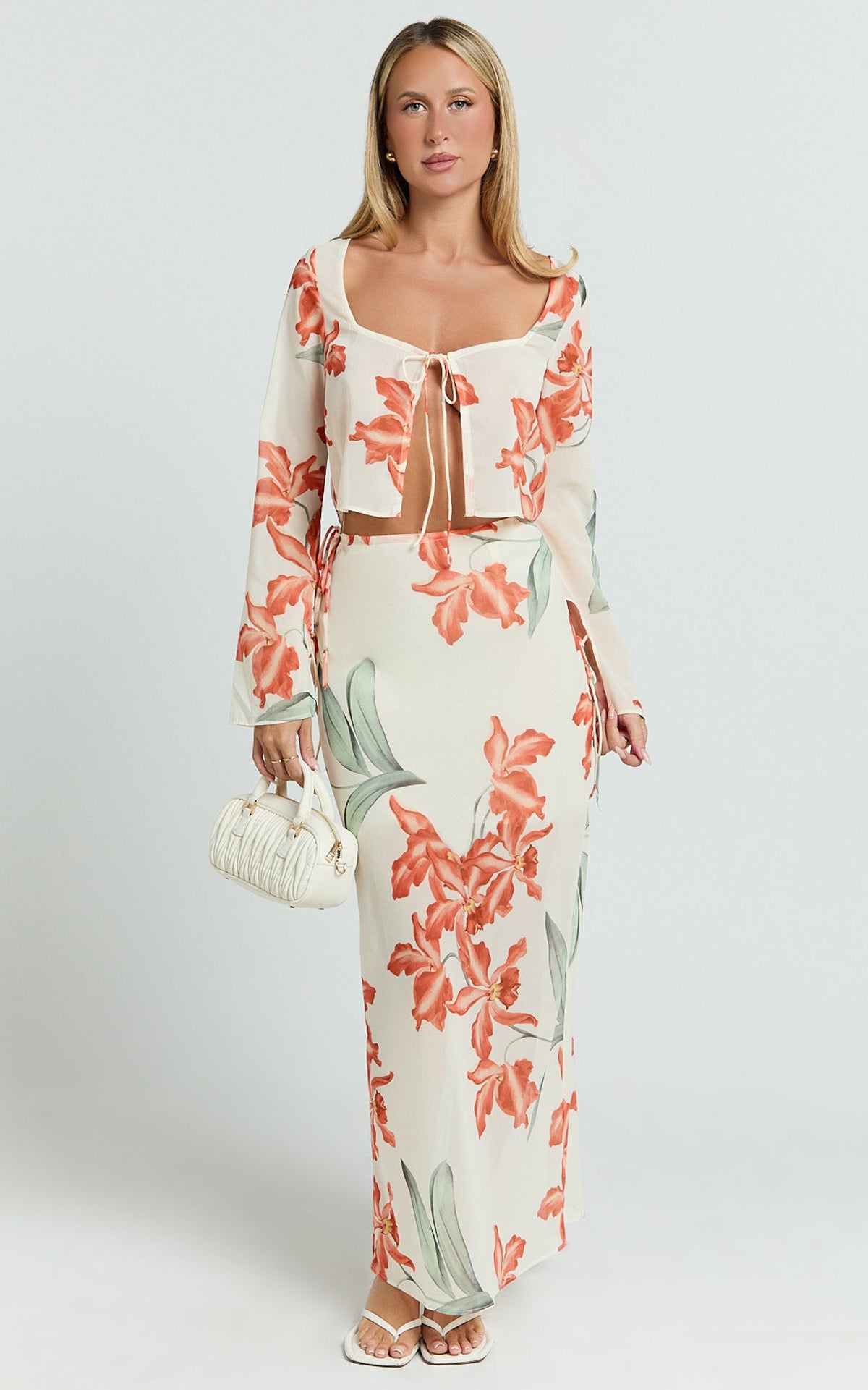Sybil Two Piece Top and Skirt Set - Abstract Floral Tie Top and Maxi Skirt Set in Vintage Orchid