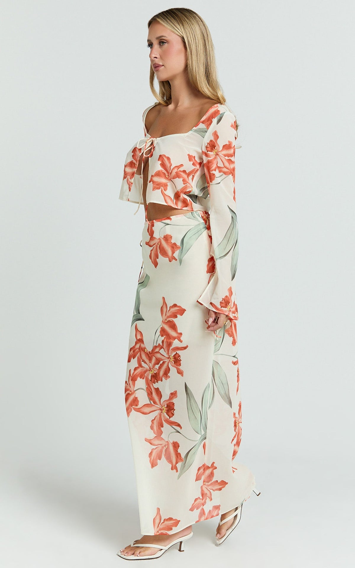 Sybil Two Piece Top and Skirt Set - Abstract Floral Tie Top and Maxi Skirt Set in Vintage Orchid