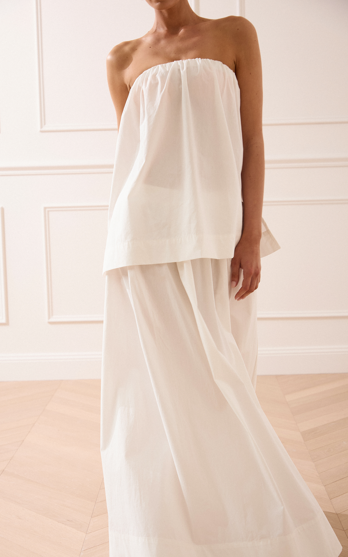 Melody Two Piece Top and Skirt Set - Cotton Strapless Top and Maxi Skirt Set in Off White