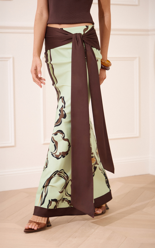 Katherine Maxi Skirt - Tie Waist Skirt in Pistachio Line Floral Print