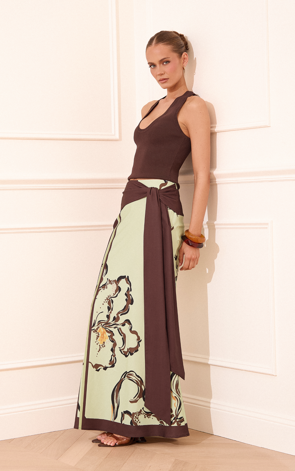 Katherine Maxi Skirt - Tie Waist Skirt in Pistachio Line Floral Print