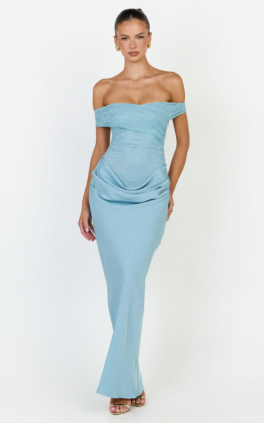 Thalassa Maxi Dress - Lace Off Shoulder Contrast Draped Cowl Waist Dress in Light Blue