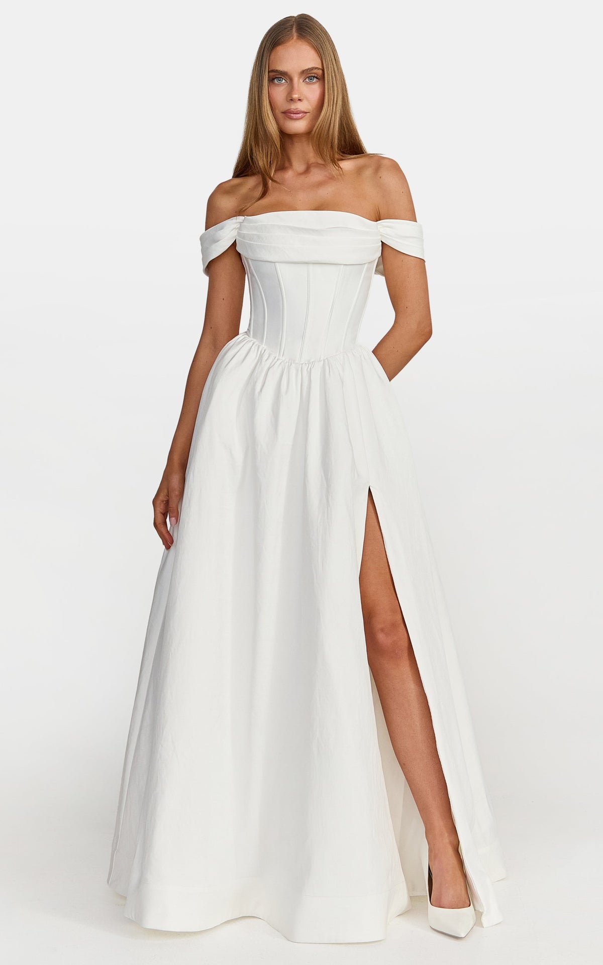 Eden Maxi Dress - Off Shoulder Draped Bust Corset Dress in White