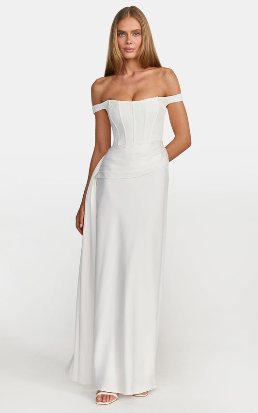Darcie Maxi Dress - Off Shoulder Corset Draped Skirt Dress in Ivory