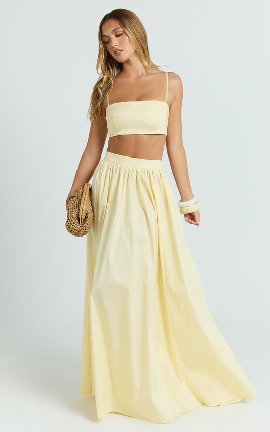 Tegan Two Piece Set - Straight Neck Micro Crop Top and A Line Maxi Skirt Set in Butter Yellow
