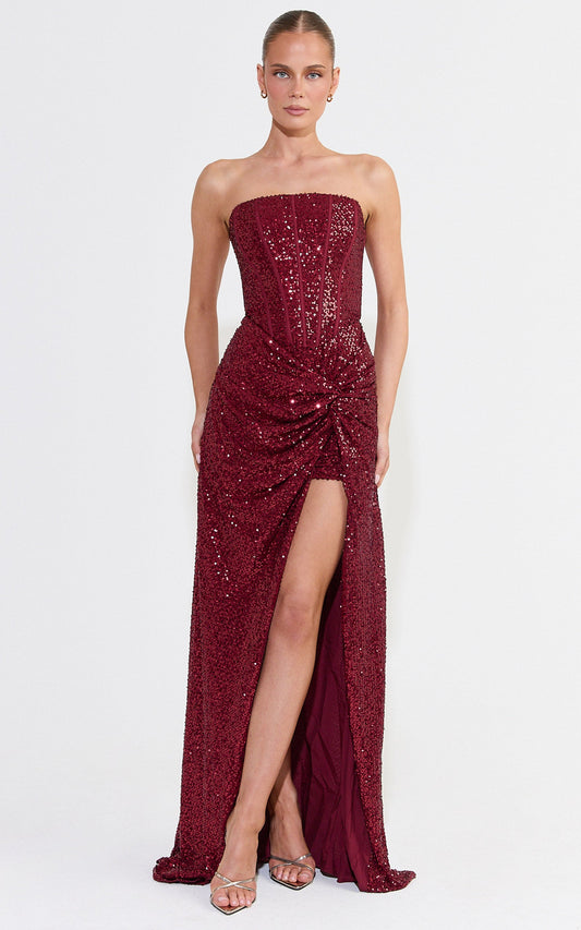 Tess Maxi Dress - Strapless Corset Bodice Sequin Dress With Draped Skirt in Wine