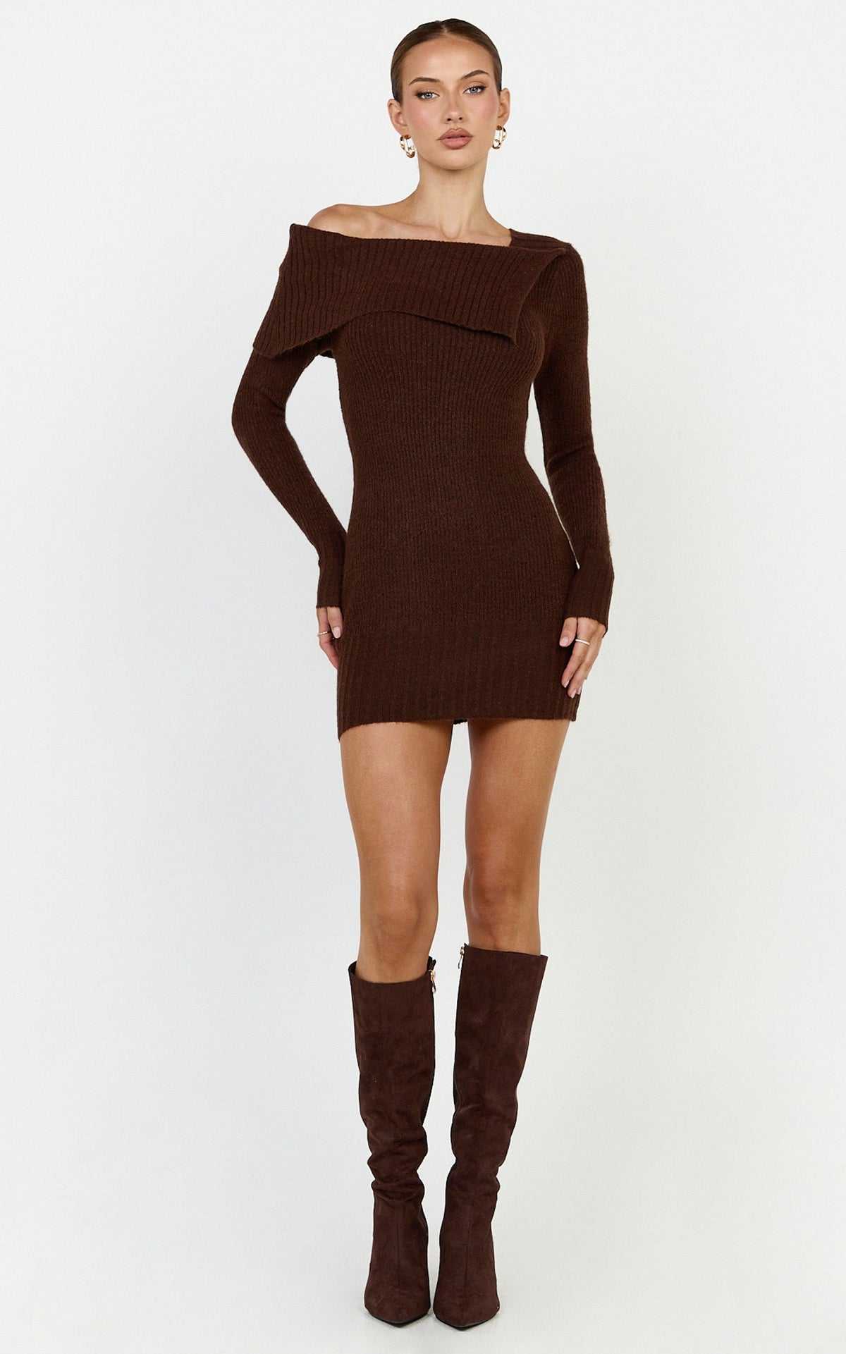 Tess Mini Dress - Asymmetric Off Shoulder Long Sleeve Knit Dress in Chocolate