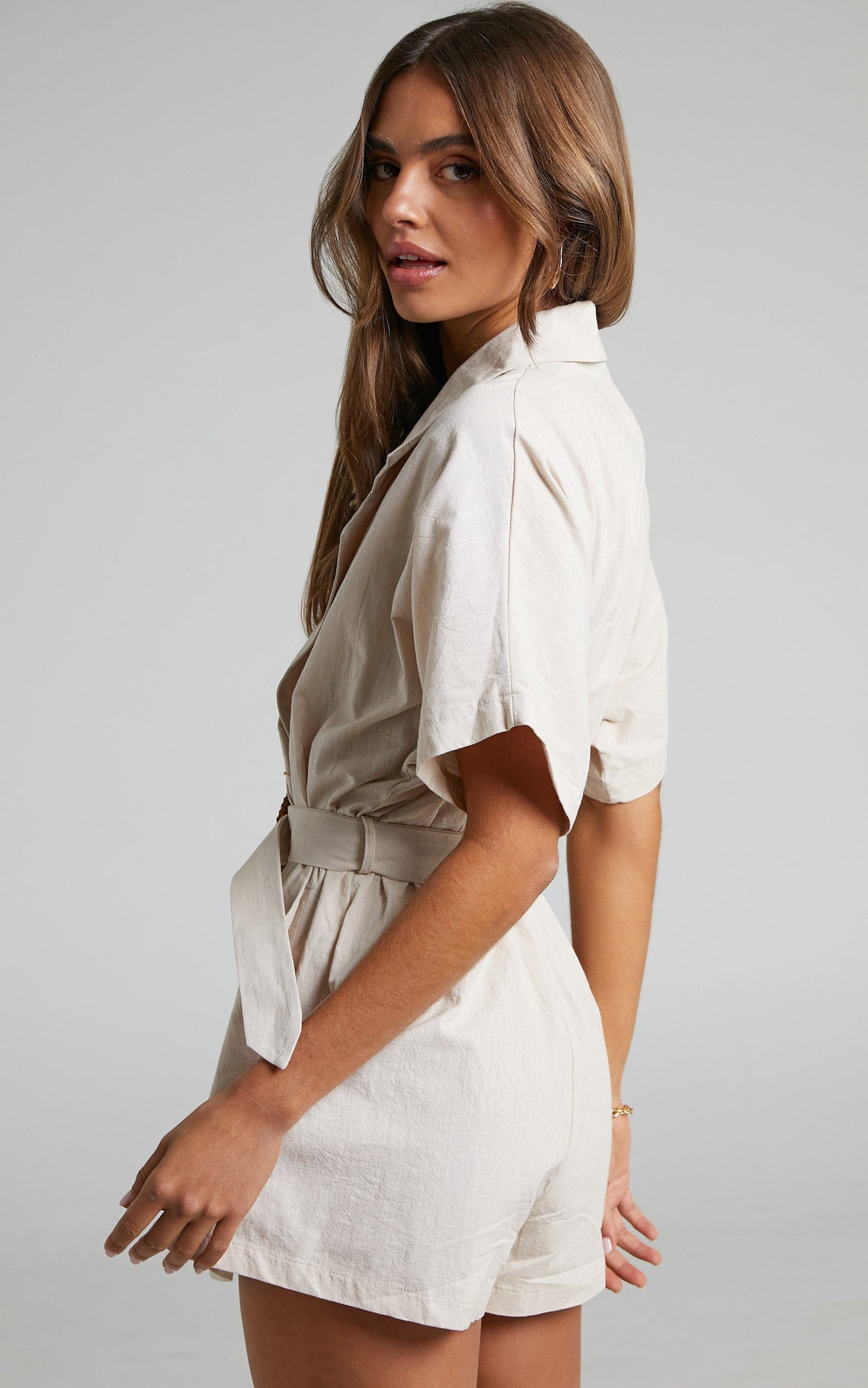 Thaisa Playsuit - Short Sleeve Collared Belted Playsuit in Biscuit