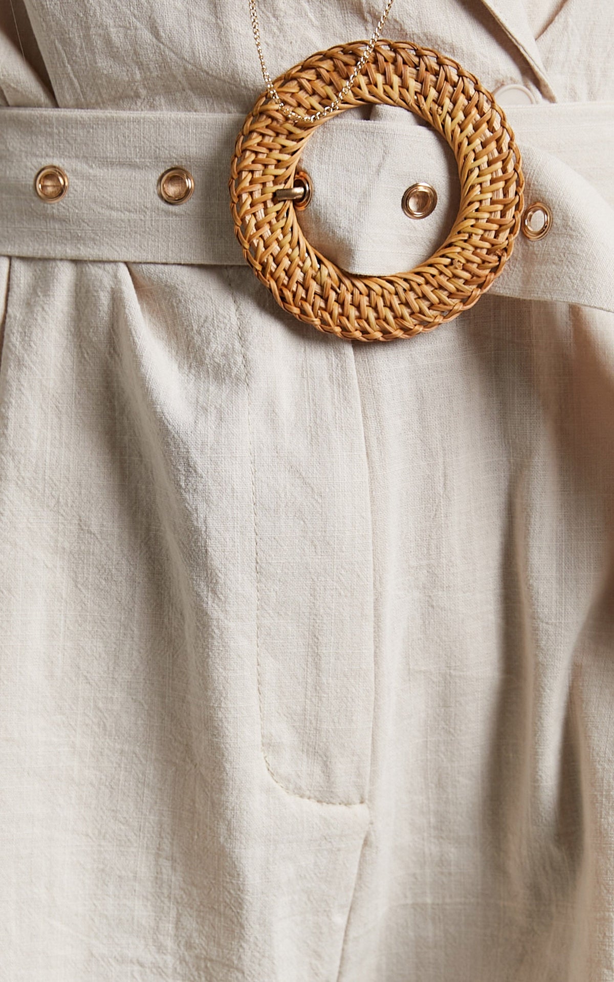 Thaisa Playsuit - Short Sleeve Collared Belted Playsuit in Biscuit