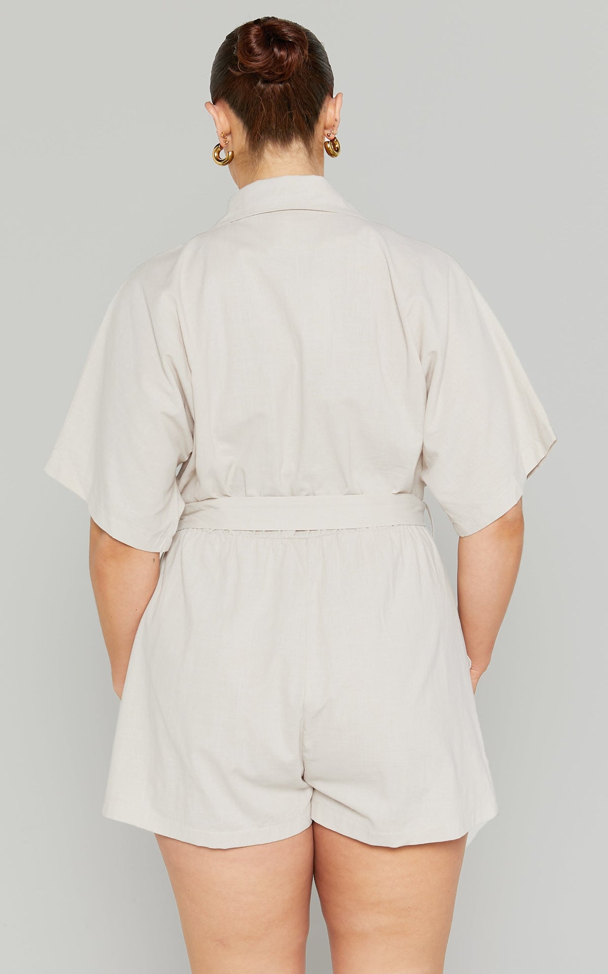 Thaisa Playsuit - Short Sleeve Collared Belted Playsuit in Biscuit
