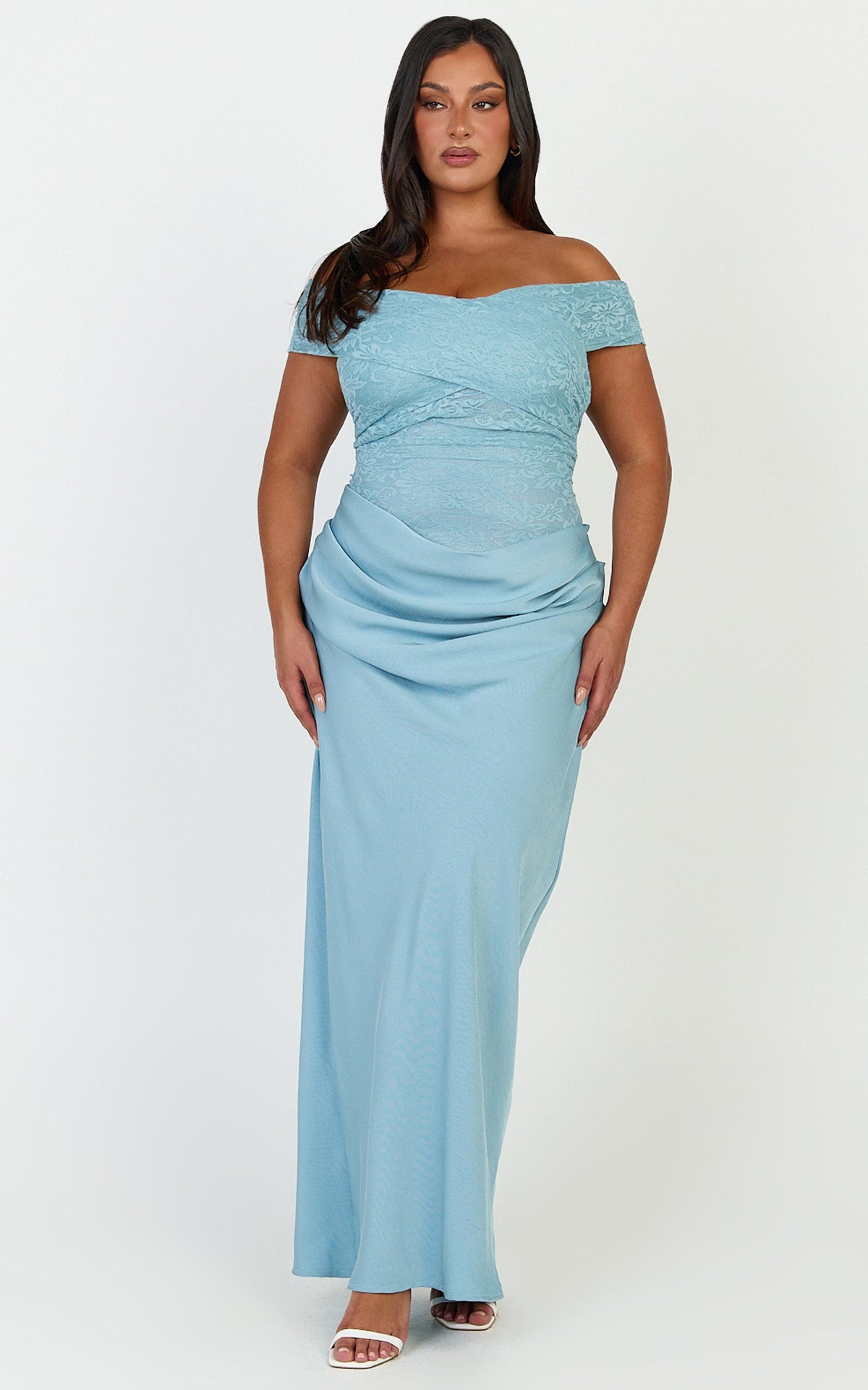 Thalassa Maxi Dress - Lace Off Shoulder Contrast Draped Cowl Waist Dress in Light Blue