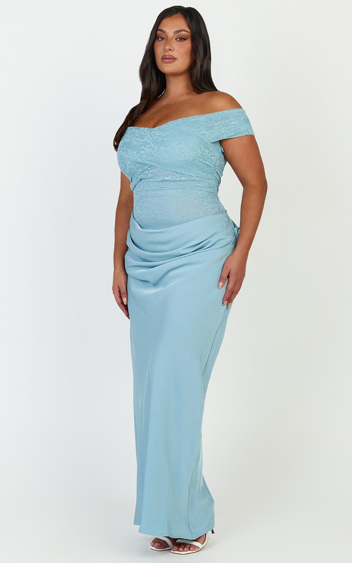 Thalassa Maxi Dress - Lace Off Shoulder Contrast Draped Cowl Waist Dress in Light Blue