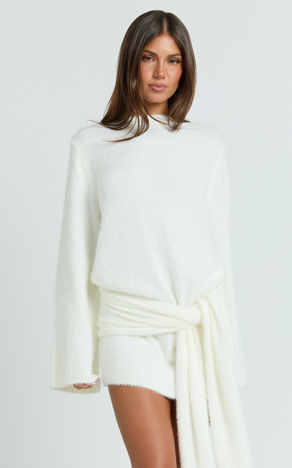 Tisdale Mini Dress - Wrap Skirt Fluffy Knit Jumper Dress in Cream