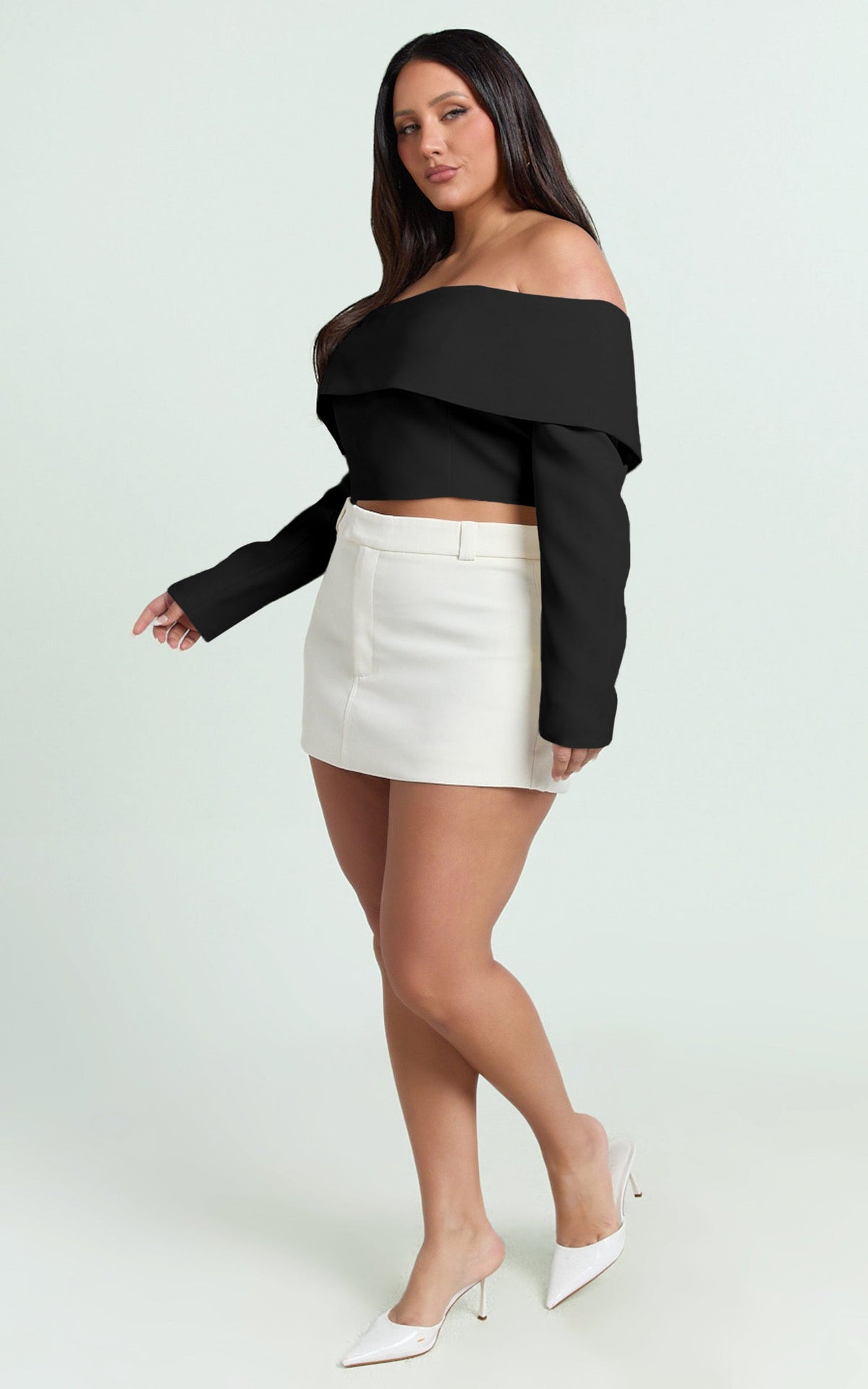 Ursula Top - Long Sleeve Off Shoulder Cropped Top in Black