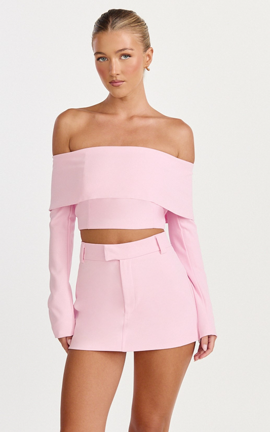 Ursula Top - Long Sleeve Off Shoulder Cropped Top in Pink