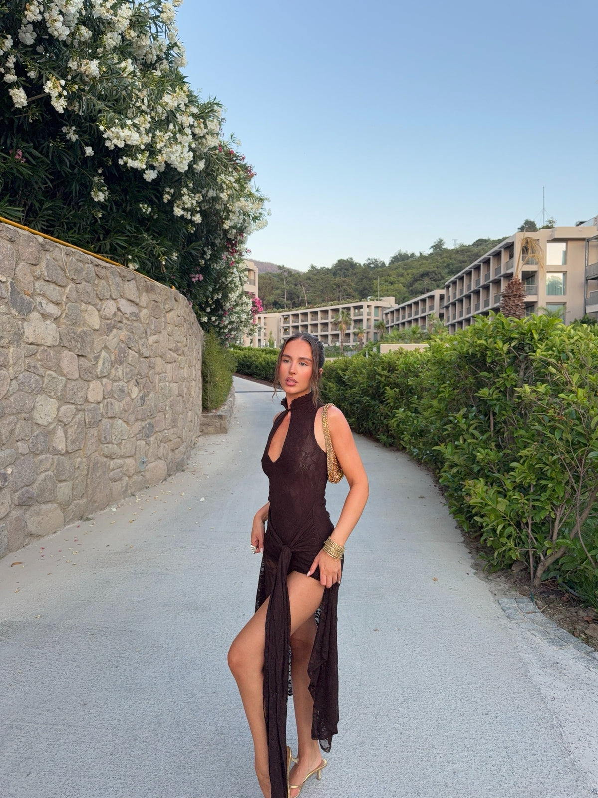 Nyla Midi Dress - Sleeveless Collared Keyhole Lace Hip Tie Dress in Chocolate