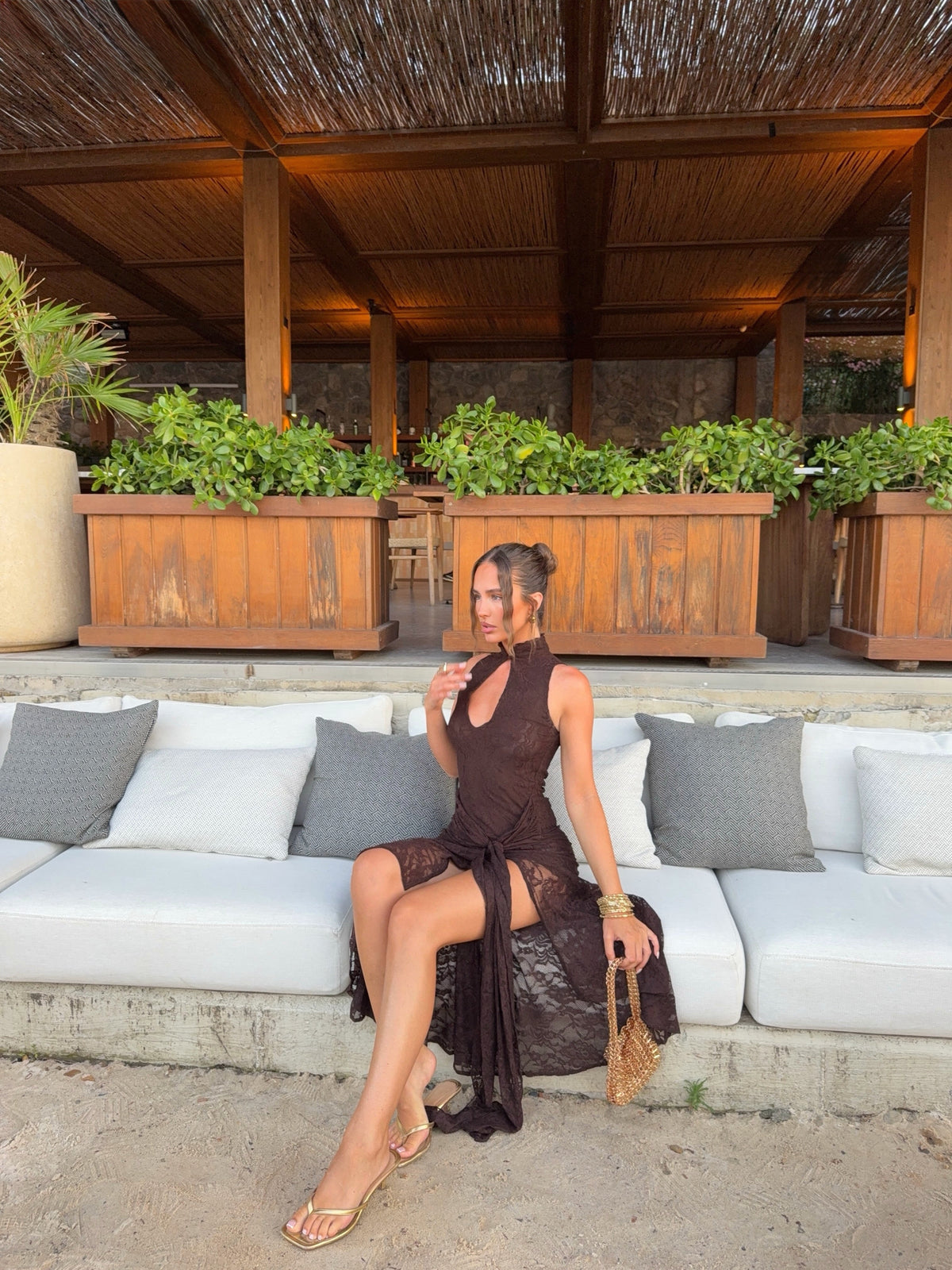 Nyla Midi Dress - Sleeveless Collared Keyhole Lace Hip Tie Dress in Chocolate