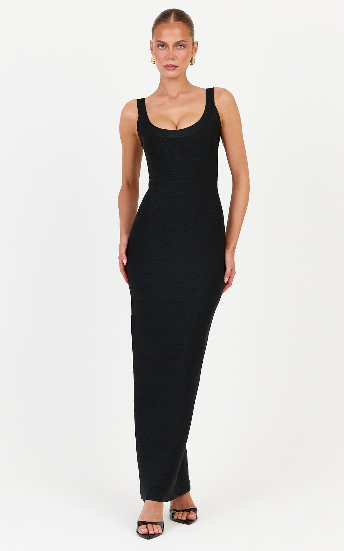 Valentina Maxi Dress - Scoop Neck Bodycon Bandage Dress in Black