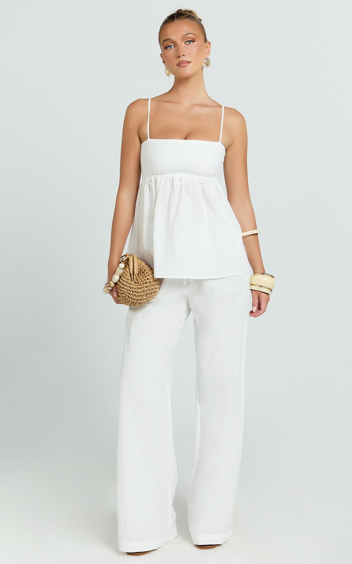 Valerie Two Piece Top and Pants Set - Baby Doll Top And Relaxed Pants Set in Off White