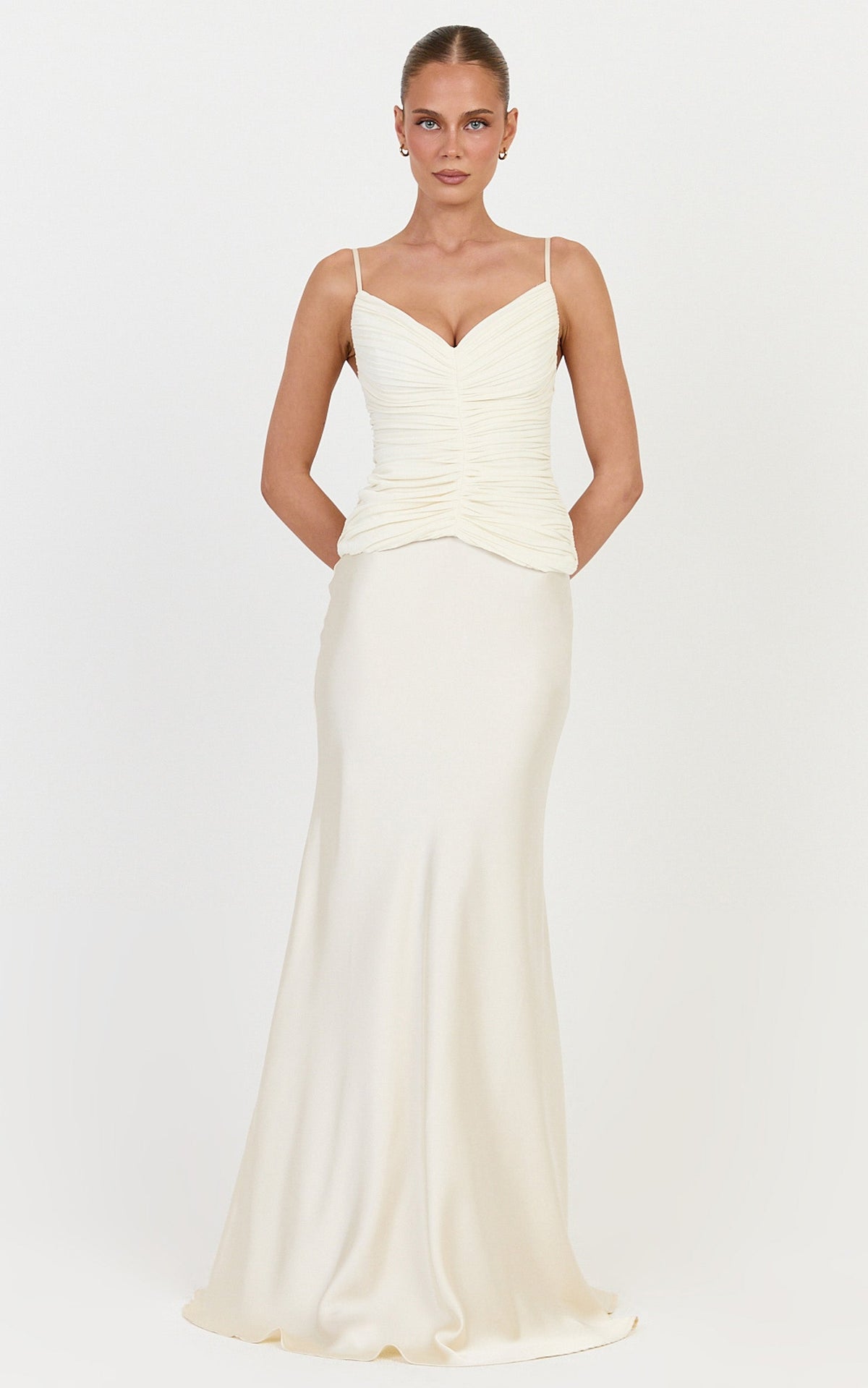 Veda Two Piece Top and Skirt Set - Plunge Ruched Plisse Contrast Satin Skirt Set in Champagne