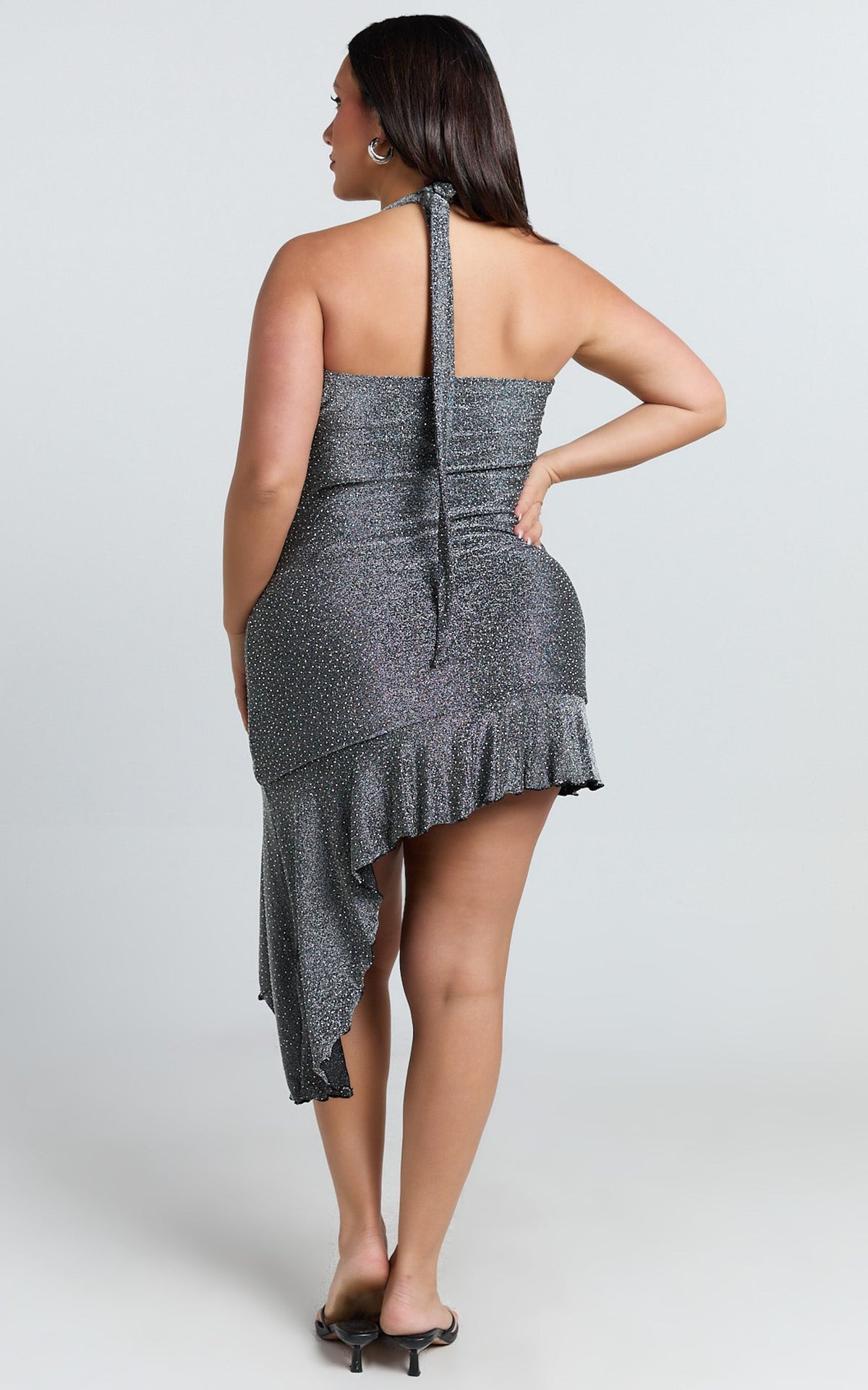 Victor Mini Dress - Glitter Plunge Halter Asymmetric Hem Dress in Gunmetal
