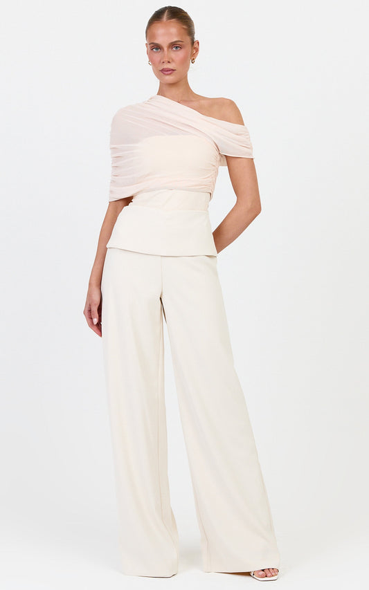 Violet Pants - Folded Waistband Wide Leg Pants in Cream