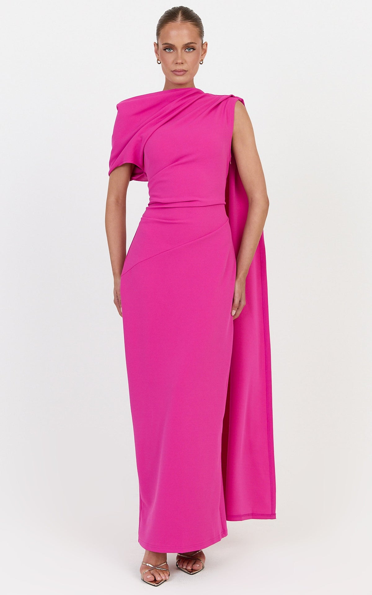 Visenta Midi Dress - Asymmetrical Sleeve Dress in Fuchsia