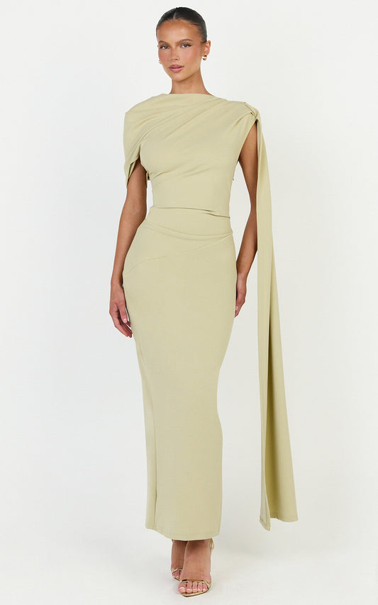 Visenta Midi Dress - Asymmetrical Sleeve Dress in Sage