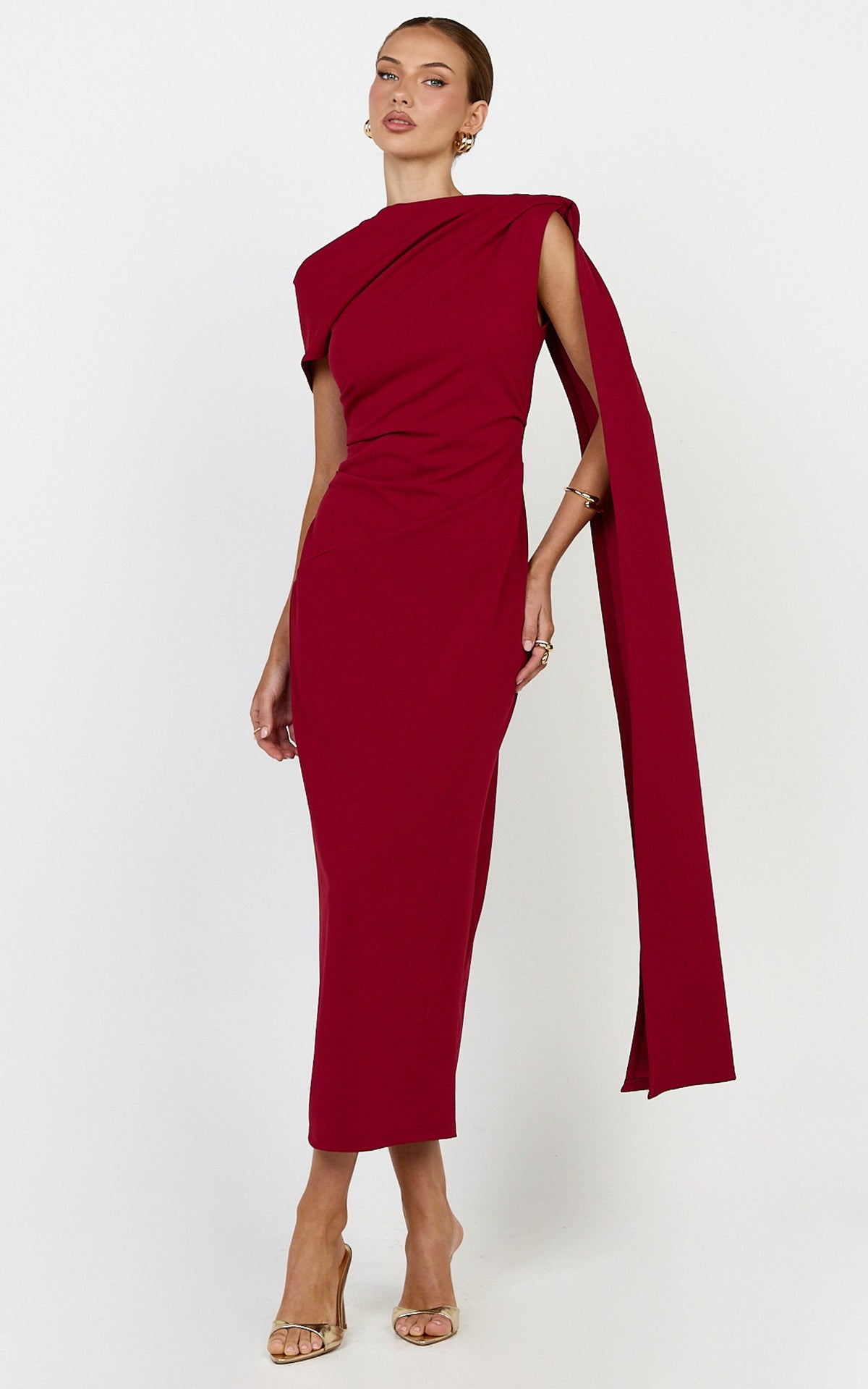 Visenta Midi Dress - Asymmetrical Sleeve Dress in Wine