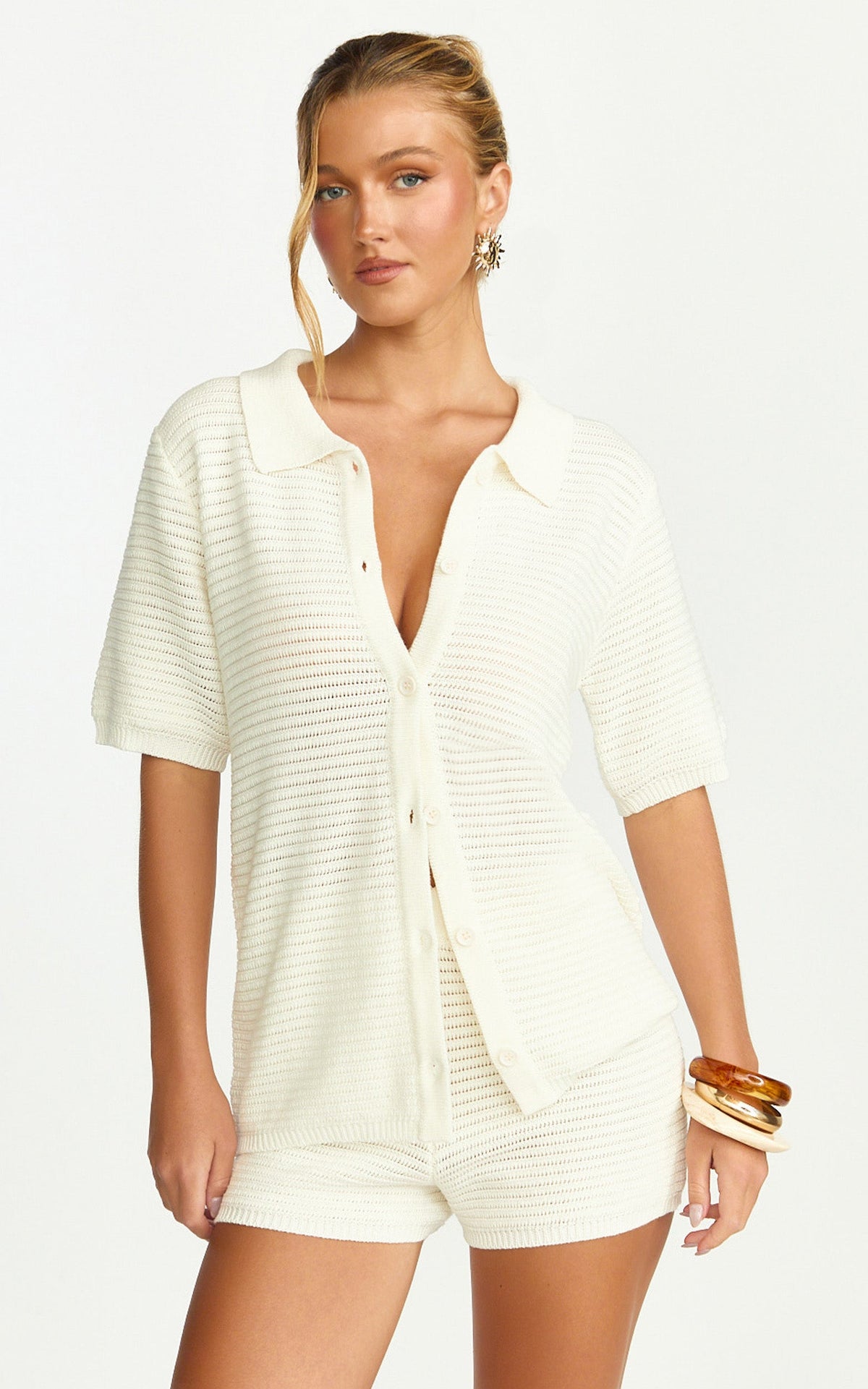 Vivi Two Piece Top and Shorts Set - Crochet Shirt and Shorts Set in Cream