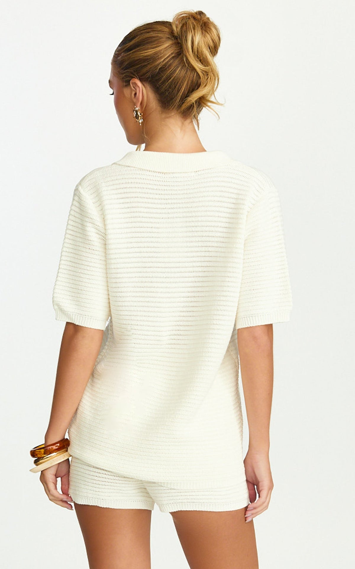 Vivi Two Piece Top and Shorts Set - Crochet Shirt and Shorts Set in Cream