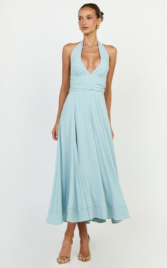 Vivia Maxi Dress - Gathered Waist Halter Dress in Blue