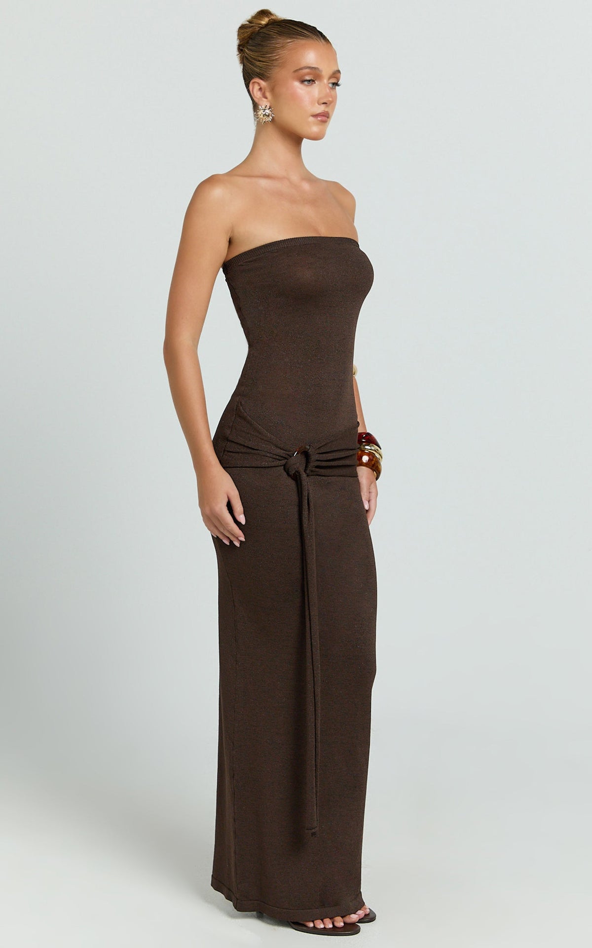Viviana Maxi Dress - Knit Strapless Tie Waist Maxi Dress in Chocolate
