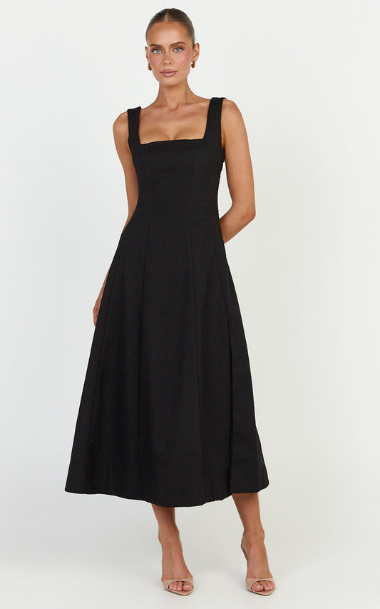 Walters Midi Dress - Square Neck Shirred Back Fit and Flare Panel Dress in Black