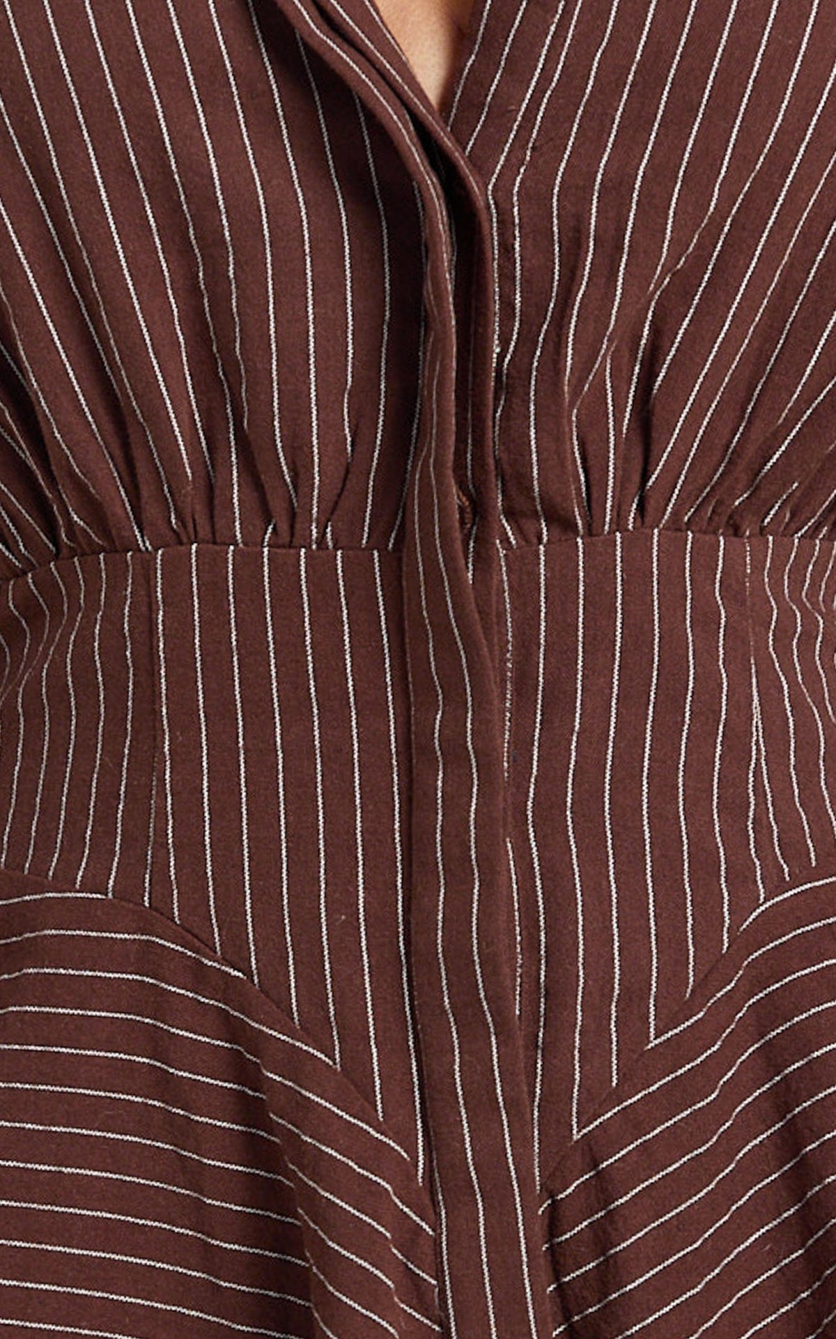 Whitney Mini Dress - Linen Long Sleeve Shirt Dress in Chocolate Pinstripe