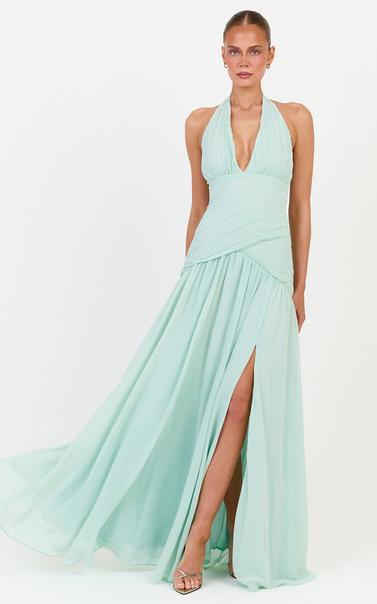 Zadie Maxi Dress - Plunge Halter Neck Dropped Cross Waist Dress in Mint