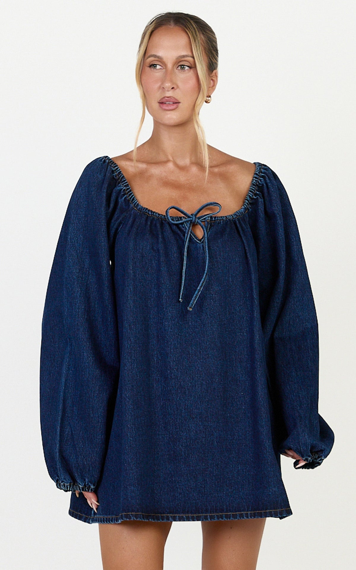 Zaria Mini Dress - Tie Detail Long Sleeve Smock Dress in Dark Blue Wash