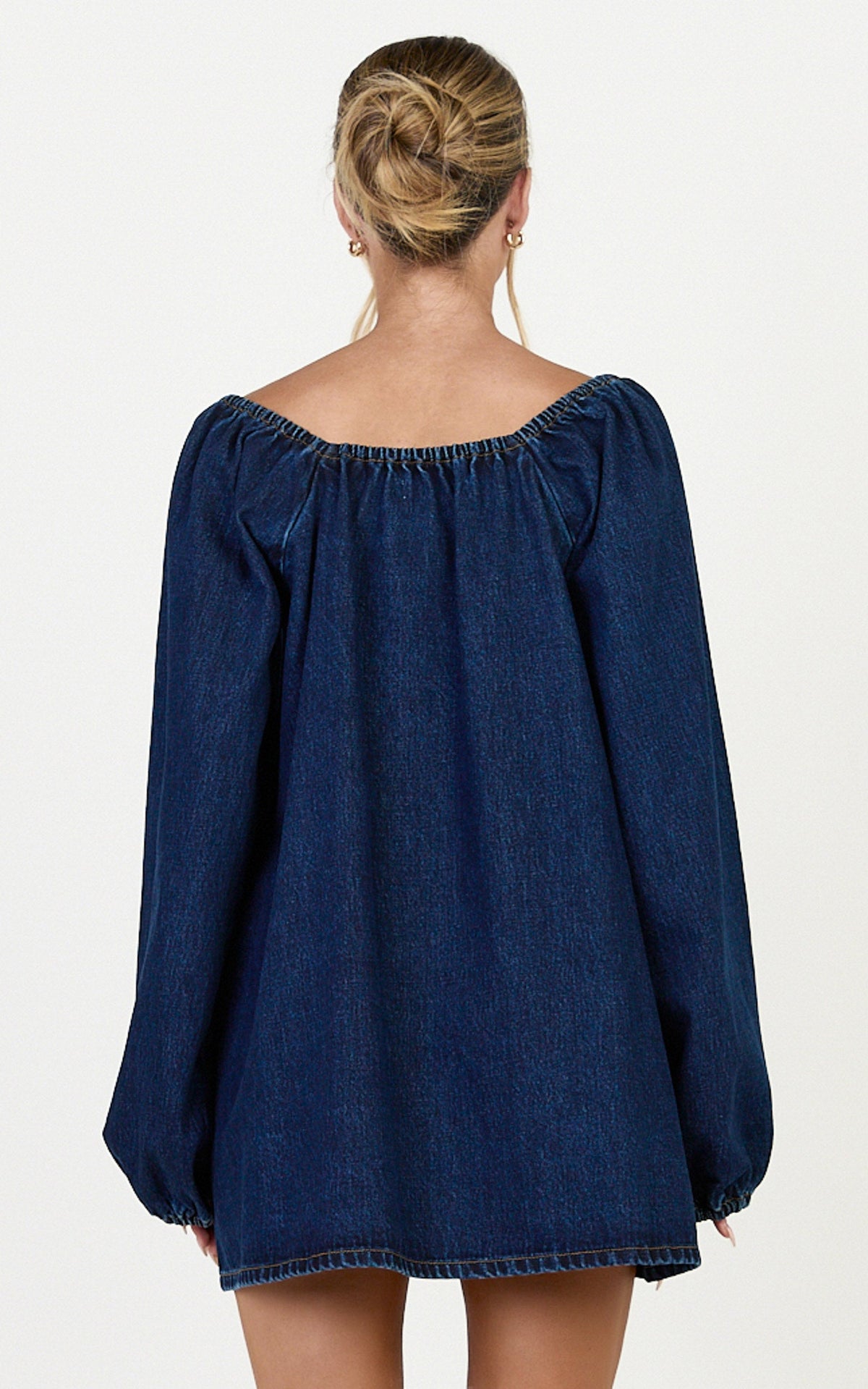 Zaria Mini Dress - Tie Detail Long Sleeve Smock Dress in Dark Blue Wash