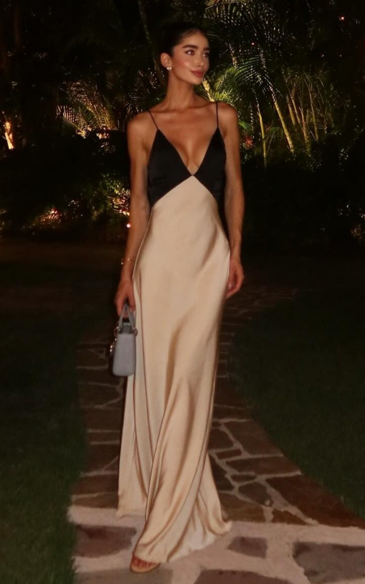 Quincy Maxi Dress - Satin Slip Dress in Black/Champagne
